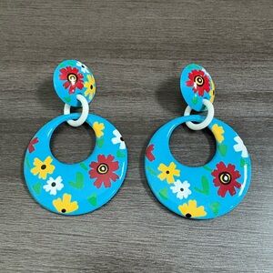 Retro Mod Blue Floral Hoop Dangle Earrings
